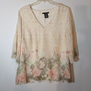 Apostrophe Woman Sheer Floral Print Blouse W/V-Neckline -SIZE:  -16/18W